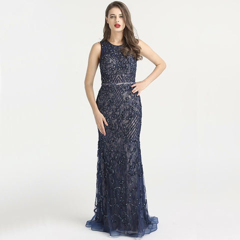 On Sale No Return No Refund Arabic Blue Sleeveless Mermaid Luxury Evening Dresses Gowns 2025 Lace Beaded Elegant For Woman Wedding Party LA6358