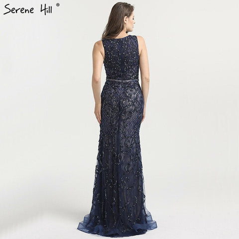 On Sale No Return No Refund Arabic Blue Sleeveless Mermaid Luxury Evening Dresses Gowns 2025 Lace Beaded Elegant For Woman Wedding Party LA6358