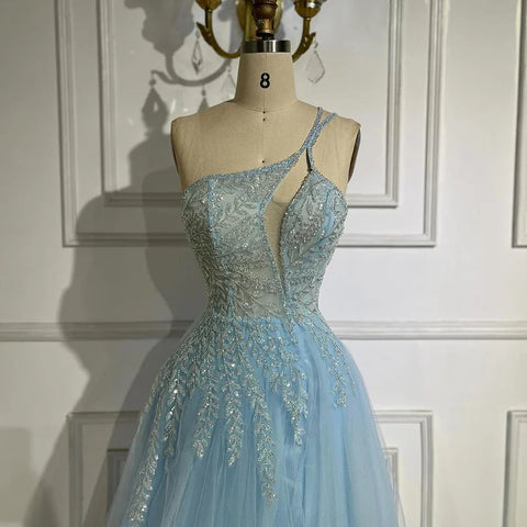 Robe de soirée de luxe bleu arabe à bretelles spaghetti, ligne A, asymétrique, perlée, pour femme, 2025 LA72589 