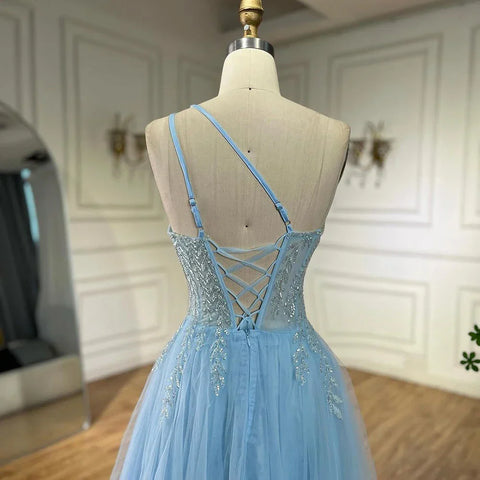 Robe de soirée de luxe bleu arabe à bretelles spaghetti, ligne A, asymétrique, perlée, pour femme, 2025 LA72589 