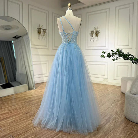 Robe de soirée de luxe bleu arabe à bretelles spaghetti, ligne A, asymétrique, perlée, pour femme, 2025 LA72589 