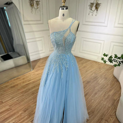 Robe de soirée de luxe bleu arabe à bretelles spaghetti, ligne A, asymétrique, perlée, pour femme, 2025 LA72589 