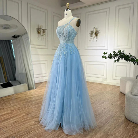 Robe de soirée de luxe bleu arabe à bretelles spaghetti, ligne A, asymétrique, perlée, pour femme, 2025 LA72589 