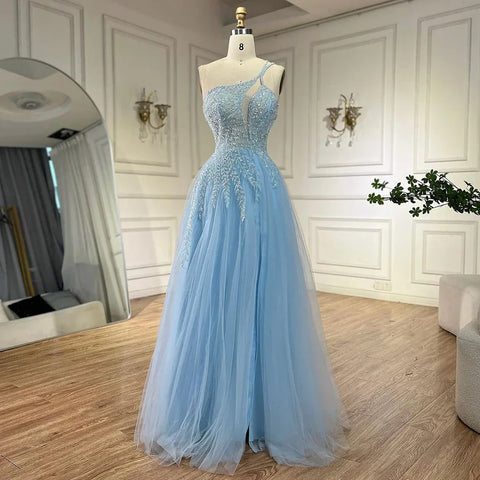Robe de soirée de luxe bleu arabe à bretelles spaghetti, ligne A, asymétrique, perlée, pour femme, 2025 LA72589 