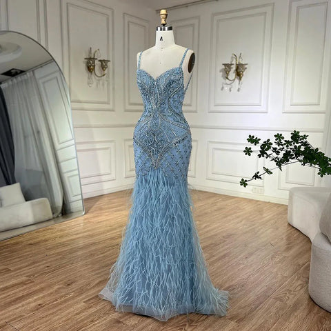 Arabic Blue Spaghetti Strap Feathers Beaded  Luxury Dubai Evening Dresses Gowns For Women Wedding Party 2025 LA72527