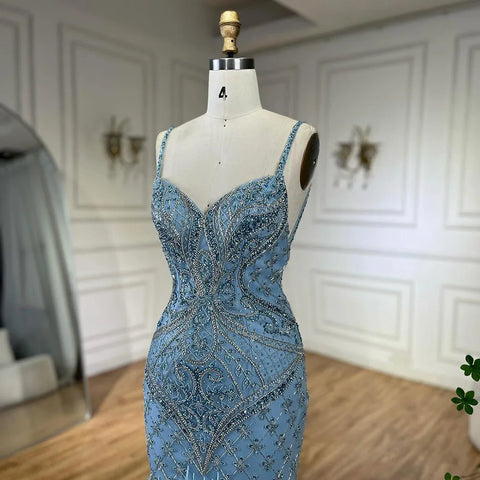 Arabic Blue Spaghetti Strap Feathers Beaded  Luxury Dubai Evening Dresses Gowns For Women Wedding Party 2025 LA72527