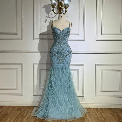 Arabic Blue Spaghetti Strap Feathers Beaded  Luxury Dubai Evening Dresses Gowns For Women Wedding Party 2025 LA72527