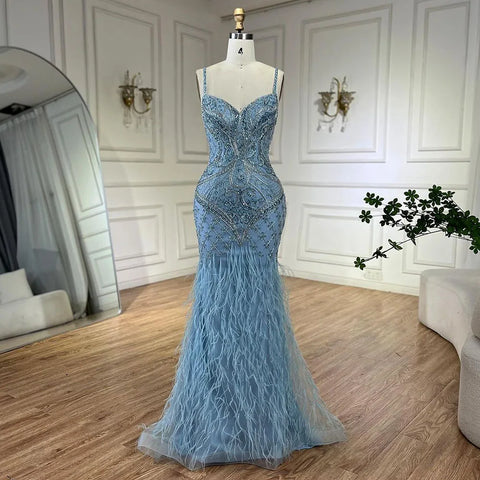Arabic Blue Spaghetti Strap Feathers Beaded  Luxury Dubai Evening Dresses Gowns For Women Wedding Party 2025 LA72527