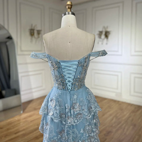 Vestido de noche árabe azul con tirantes finos, falda escalonada con cuentas y abertura frontal para mujer - Boda 2025 LA72593 