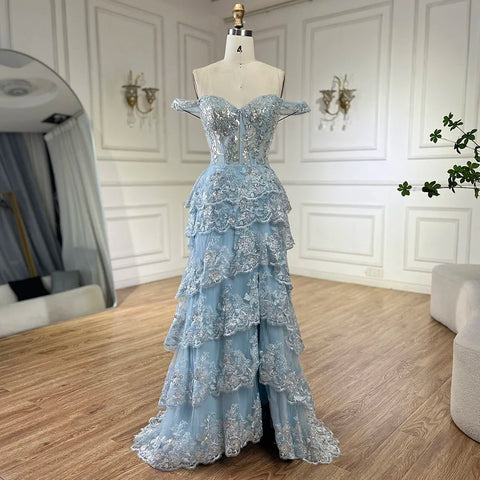 Vestido de noche árabe azul con tirantes finos, falda escalonada con cuentas y abertura frontal para mujer - Boda 2025 LA72593 