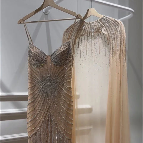 Arabic Blue Spaghetti Straps Beaded Evening Gown with Detachable Cape Dress for Formal Occasion 2025 LA72784