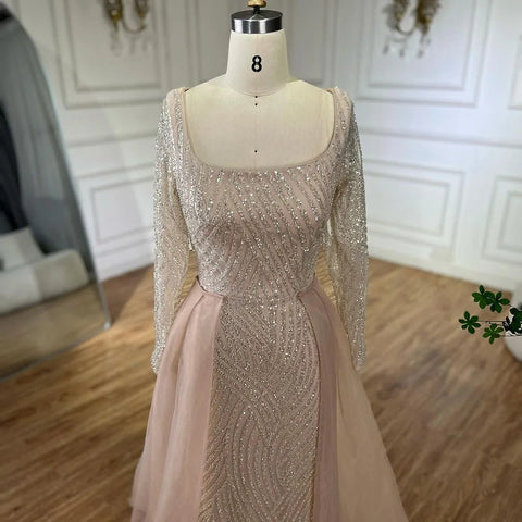 Vestido de noche de sirena azul árabe con cuello cuadrado y sobrefalda con cuentas. Vestidos de lujo para bodas y fiestas de mujeres LA72320A 