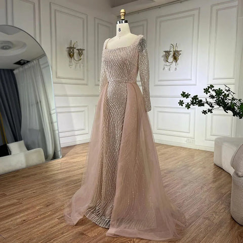 Vestido de noche de sirena azul árabe con cuello cuadrado y sobrefalda con cuentas. Vestidos de lujo para bodas y fiestas de mujeres LA72320A 