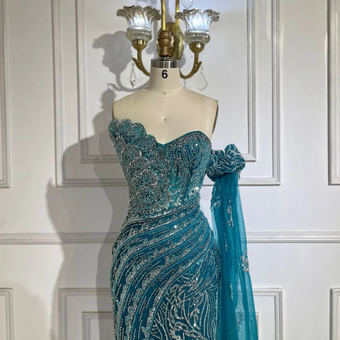Green One Shoulder Beaded Mermaid Evening Dress with Side Cape Sleeves for Formal Occasion LA72600 2025