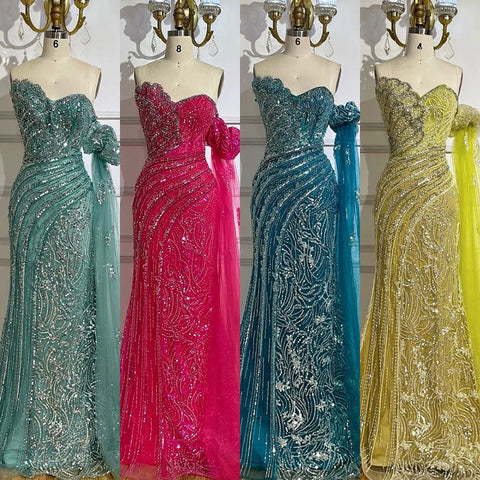 Green One Shoulder Beaded Mermaid Evening Dress with Side Cape Sleeves for Formal Occasion LA72600 2025