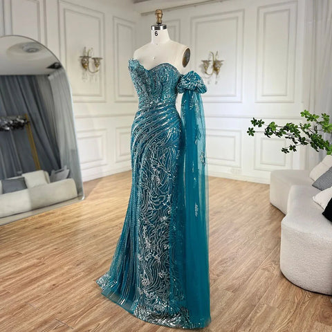 Green One Shoulder Beaded Mermaid Evening Dress with Side Cape Sleeves for Formal Occasion LA72600 2025
