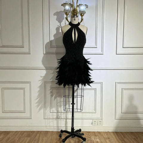 Arabic Brown Elegant Short Dresses Beaded Feathers Mermaid Cocktail Gowns 2025 For Women Party Couture LA72549