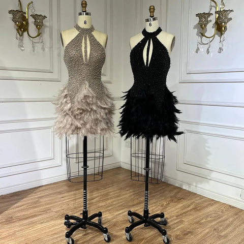 Arabic Brown Elegant Short Dresses Beaded Feathers Mermaid Cocktail Gowns 2025 For Women Party Couture LA72549