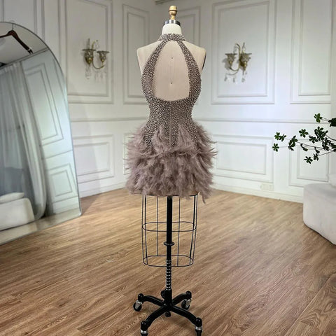Arabic Brown Elegant Short Dresses Beaded Feathers Mermaid Cocktail Gowns 2025 For Women Party Couture LA72549