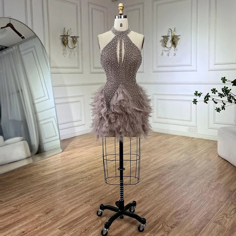 Arabic Brown Elegant Short Dresses Beaded Feathers Mermaid Cocktail Gowns 2025 For Women Party Couture LA72549