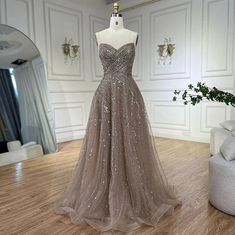 Arabic Caramel A Line Strapless Beaded Luxury Dubai Evening Dresses Gowns For Women Wedding Party 2025 LA72563