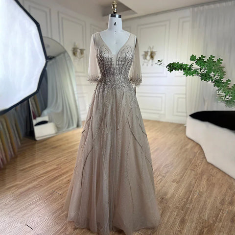 Arabic Caramel A Line Dubai Evening Dresses Gowns 2025 Beaded Luxury For Women Wedding Party LA72252