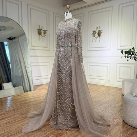 Arabic Caramel Beaded Overskirt Dubai Mermaid Evening Gown Luxury Dresses for Woman's Wedding Party LA72362A