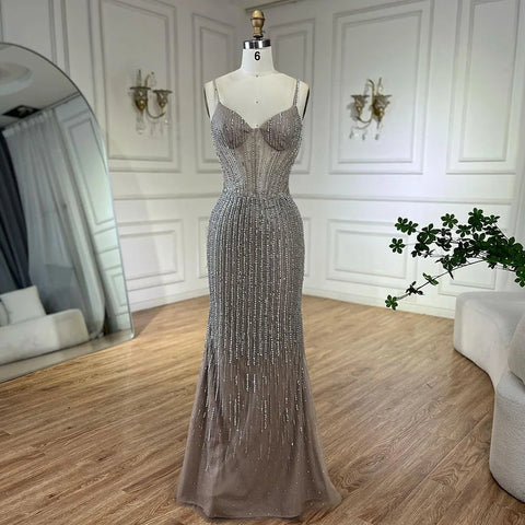 Arabic Caramel Elegant Mermaid Beaded Feathers Long Cloak Evening Dresses Gowns For Women Wedding Party LA72551