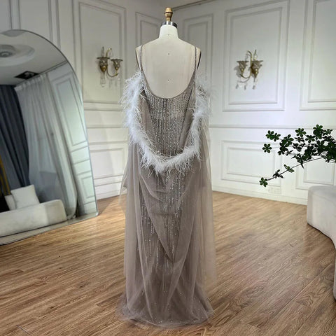 Arabic Caramel Elegant Mermaid Beaded Feathers Long Cloak Evening Dresses Gowns For Women Wedding Party LA72551