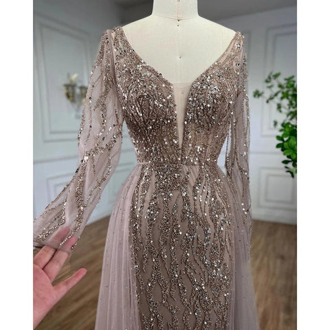 Arabic Caramel Mermaid Elegant With Overskirt Evening Dresses Gowns Beaded Luxury  2025 For Women Party LA71629A