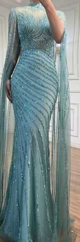 Robe de soirée longue style sirène arabe caramel, manches cape, dentelle et perles, tenue de mariage, LA71885 