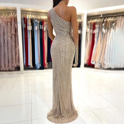 Arabic Caramel Mermaid Sexy One Shoulder Beaded Elegant Evening Dresses Gowns 2025 For Women Wedding Party LA71918
