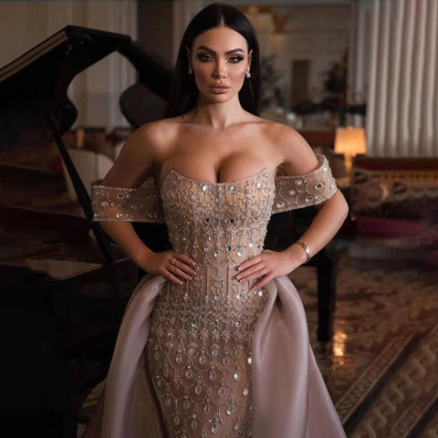 Vestido de noche árabe de lujo color champán estilo sirena para bodas LA71922