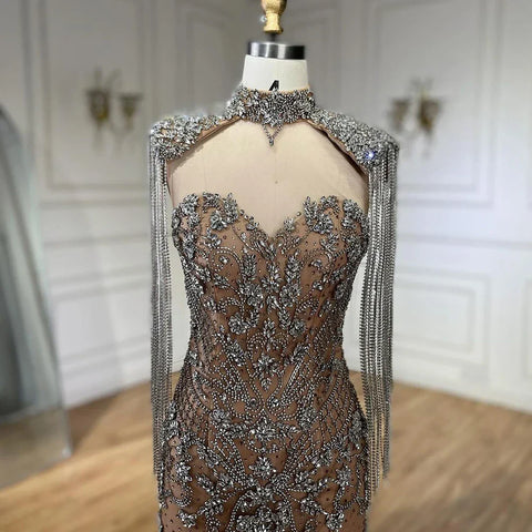 Robe de soirée sirène arabe caramel à franges et perles, luxueuse robe de soirée de Dubaï pour femmes, tenue de mariage, 2025 LA72237A 