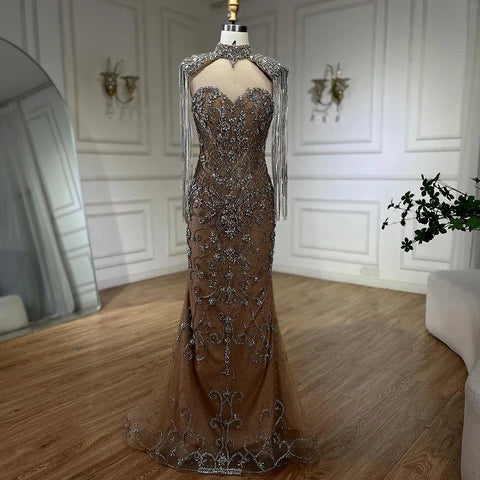 Robe de soirée sirène arabe caramel à franges et perles, luxueuse robe de soirée de Dubaï pour femmes, tenue de mariage, 2025 LA72237A 