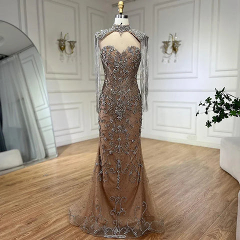 Robe de soirée sirène arabe caramel à franges et perles, luxueuse robe de soirée de Dubaï pour femmes, tenue de mariage, 2025 LA72237A 