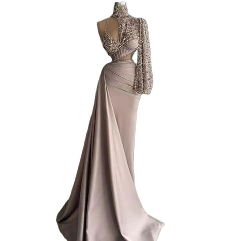 Robe de soirée sirène élégante en satin caramel, asymétrique épaule dénudée, avec perles, pour femme, tenue de mariage, modèle 2025, LA71936 