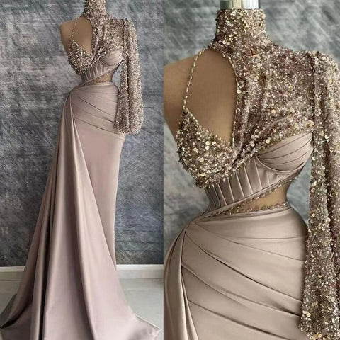 Robe de soirée sirène élégante en satin caramel, asymétrique épaule dénudée, avec perles, pour femme, tenue de mariage, modèle 2025, LA71936 