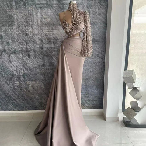 Robe de soirée sirène élégante en satin caramel, asymétrique épaule dénudée, avec perles, pour femme, tenue de mariage, modèle 2025, LA71936 