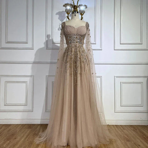 Robe de soirée de luxe style arabe, champagne, Dubaï, avec perles et pompons, fendue sur le côté, pour femme, tenue de mariage, LA72390 