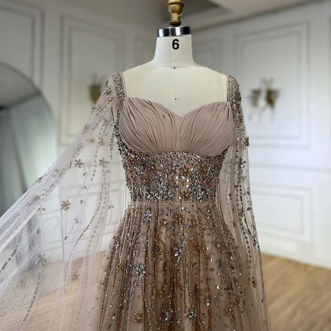 Robe de soirée de luxe style arabe, champagne, Dubaï, avec perles et pompons, fendue sur le côté, pour femme, tenue de mariage, LA72390 