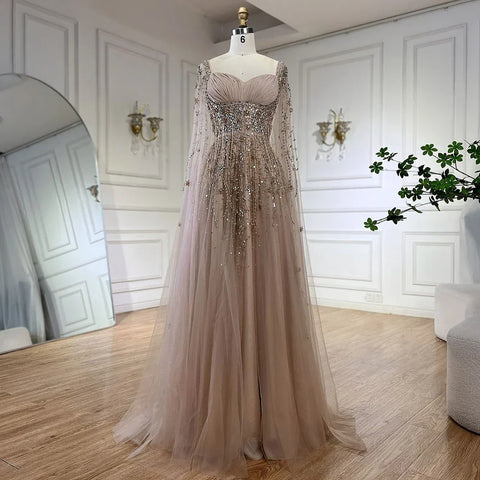 Robe de soirée de luxe style arabe, champagne, Dubaï, avec perles et pompons, fendue sur le côté, pour femme, tenue de mariage, LA72390 