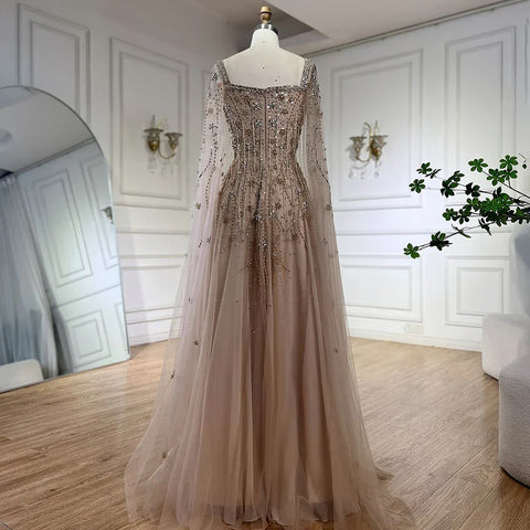 Robe de soirée de luxe style arabe, champagne, Dubaï, avec perles et pompons, fendue sur le côté, pour femme, tenue de mariage, LA72390 