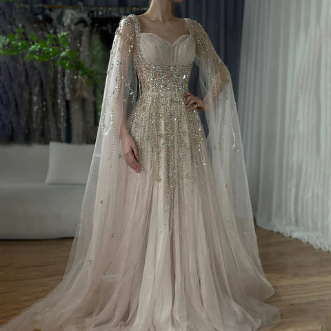 Robe de soirée de luxe style arabe, champagne, Dubaï, avec perles et pompons, fendue sur le côté, pour femme, tenue de mariage, LA72390 