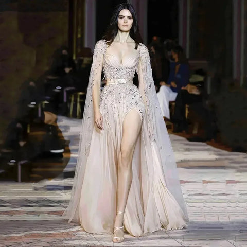 Robe de soirée de luxe style arabe, champagne, Dubaï, avec perles et pompons, fendue sur le côté, pour femme, tenue de mariage, LA72390 