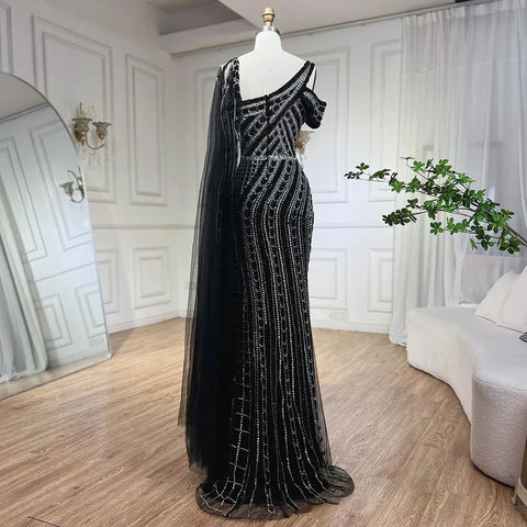 Robe de soirée de luxe style sirène noire à cape longue et perles pour femme, style arabe de Dubaï, pour fête de mariage, 2025, LA72296 