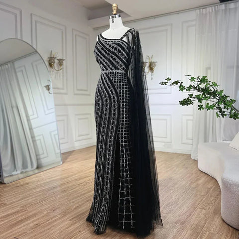 Robe de soirée de luxe style sirène noire à cape longue et perles pour femme, style arabe de Dubaï, pour fête de mariage, 2025, LA72296 