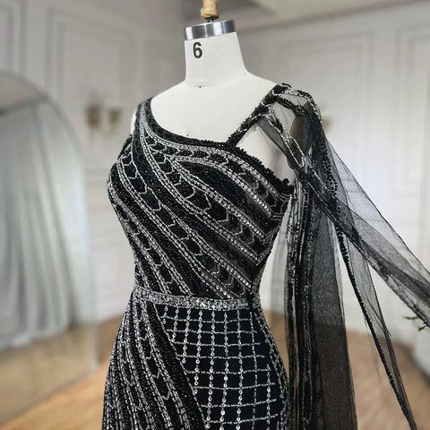 Robe de soirée de luxe style sirène noire à cape longue et perles pour femme, style arabe de Dubaï, pour fête de mariage, 2025, LA72296 