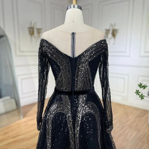 Vestidos de noche elegantes de estilo árabe, negros, corte A, brillantes, con cuentas, de lujo, estilo Dubái, para mujer, para bodas y fiestas 2025 LA72566 