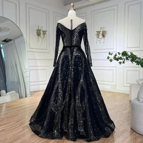 Vestidos de noche elegantes de estilo árabe, negros, corte A, brillantes, con cuentas, de lujo, estilo Dubái, para mujer, para bodas y fiestas 2025 LA72566 